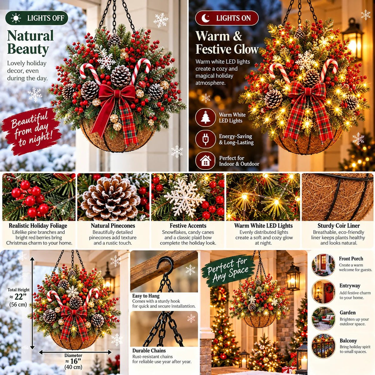 🎄 Last Day: 33% OFF – Pre-Lit Christmas Hanging Basket | Warm LED Lights & Weather-Resistant Holiday Decor ✨