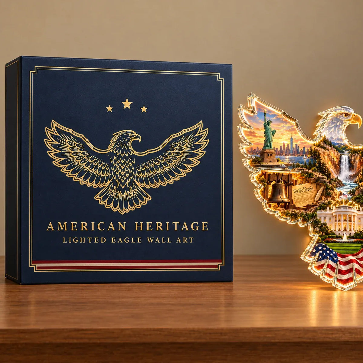🦅 American Heritage Light-Up Eagle Wall Art – 6 Iconic U.S. Landmarks 🇺🇸
