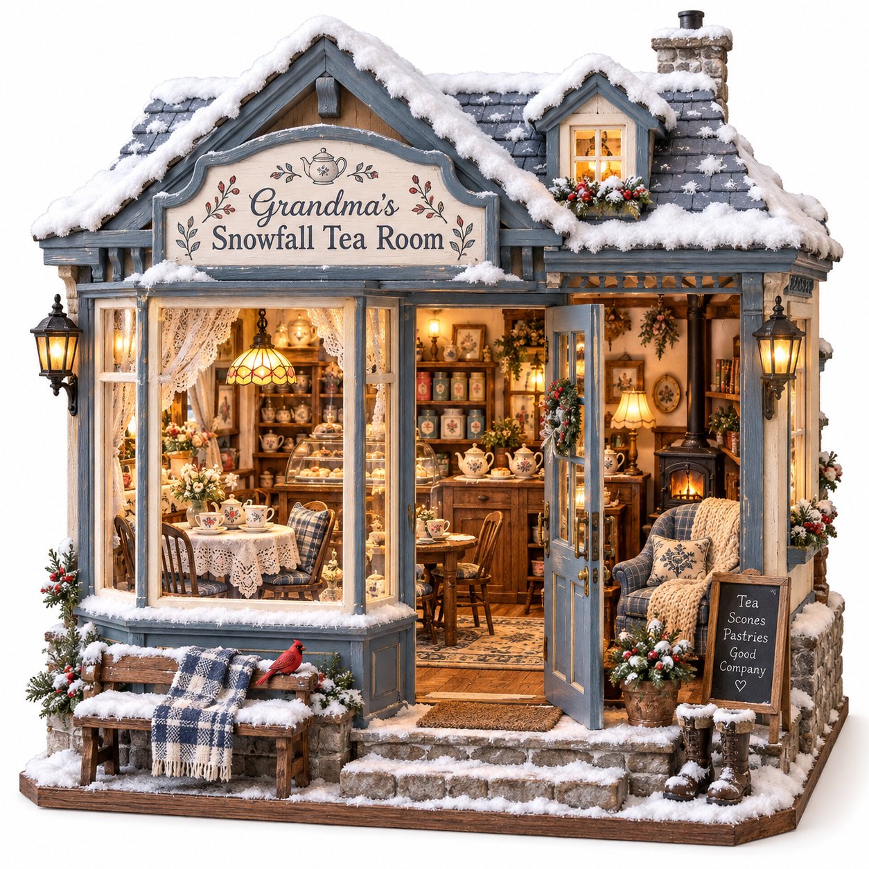 Snow-covered miniature Grandma's Snowfall Tea Room with glowing windows and cozy tea room furniture