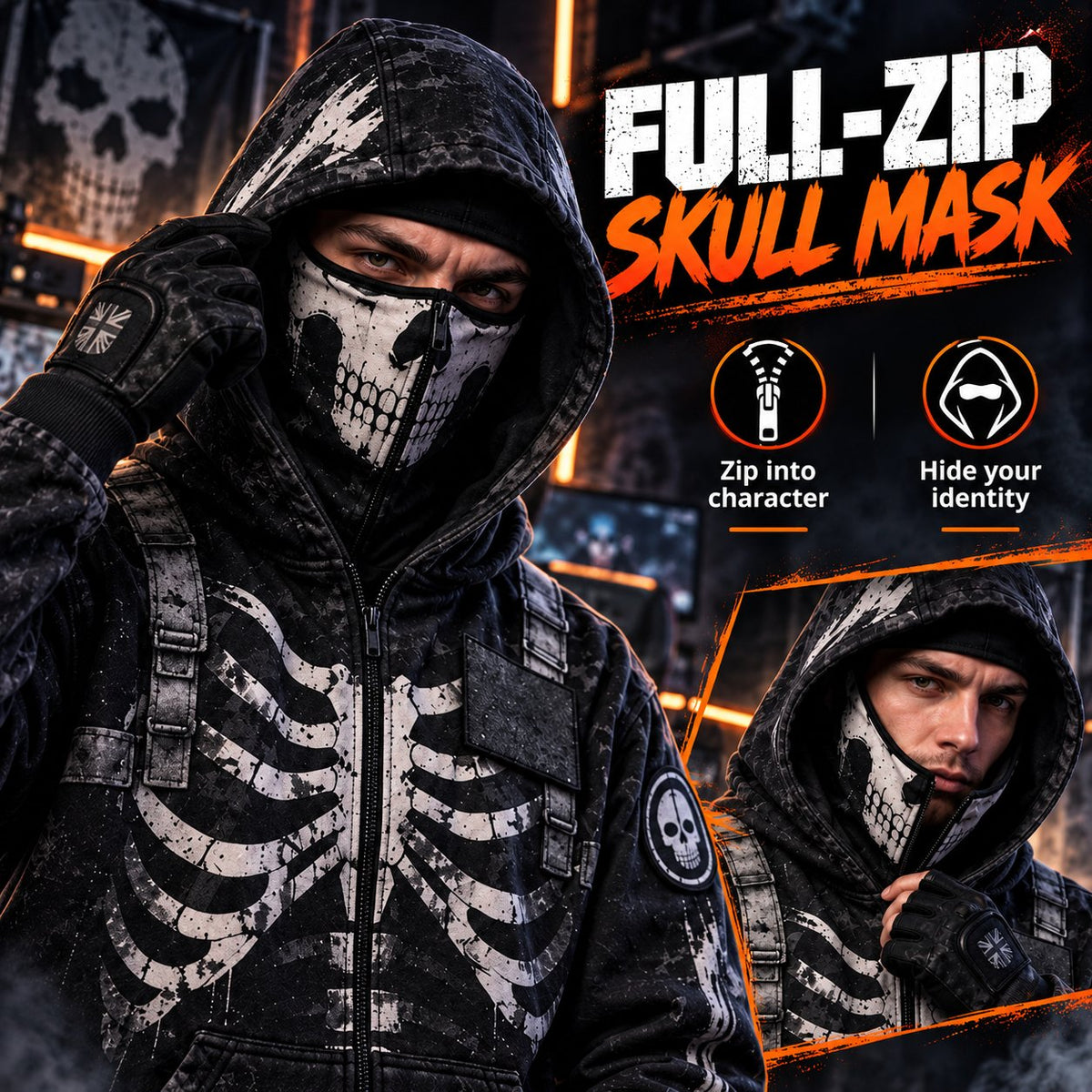 ReaperZip Tactical Skull Hoodie 🎯Full-zip tactical comfort with a battle-worn edge.