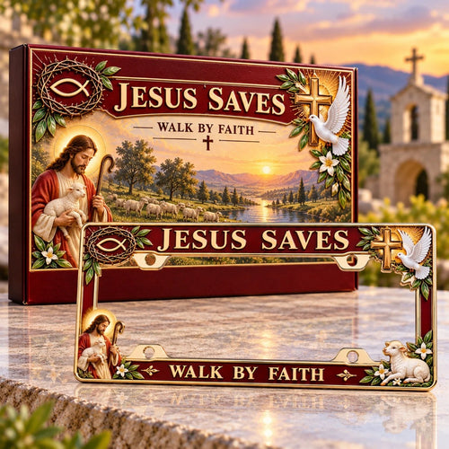 ✝️ “Jesus Saves” & “Walk by Faith” Commemorative Jesus License Plate Frame | Premium Metal, 3D Enamel Details & Secure Screw-On Fit 🚗