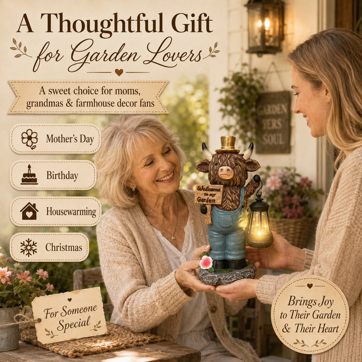 Highland cow garden lantern statue being given as a garden lover's gift