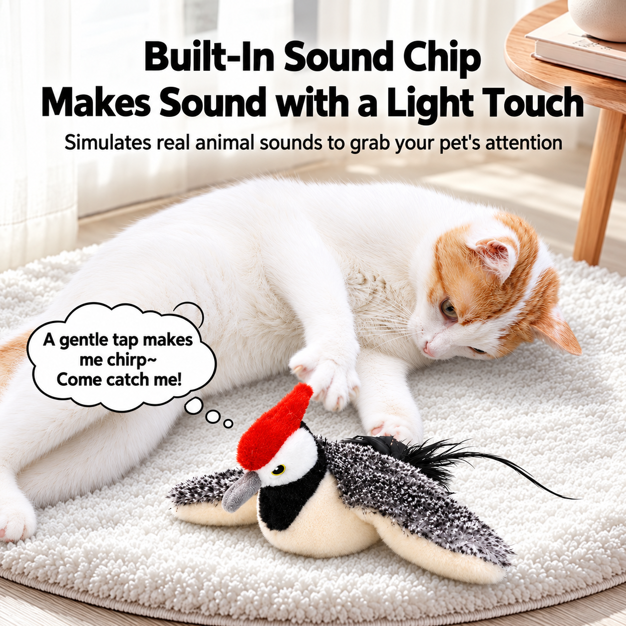 Cat reaching toward a plush bird toy with a promotional chirping sound feature