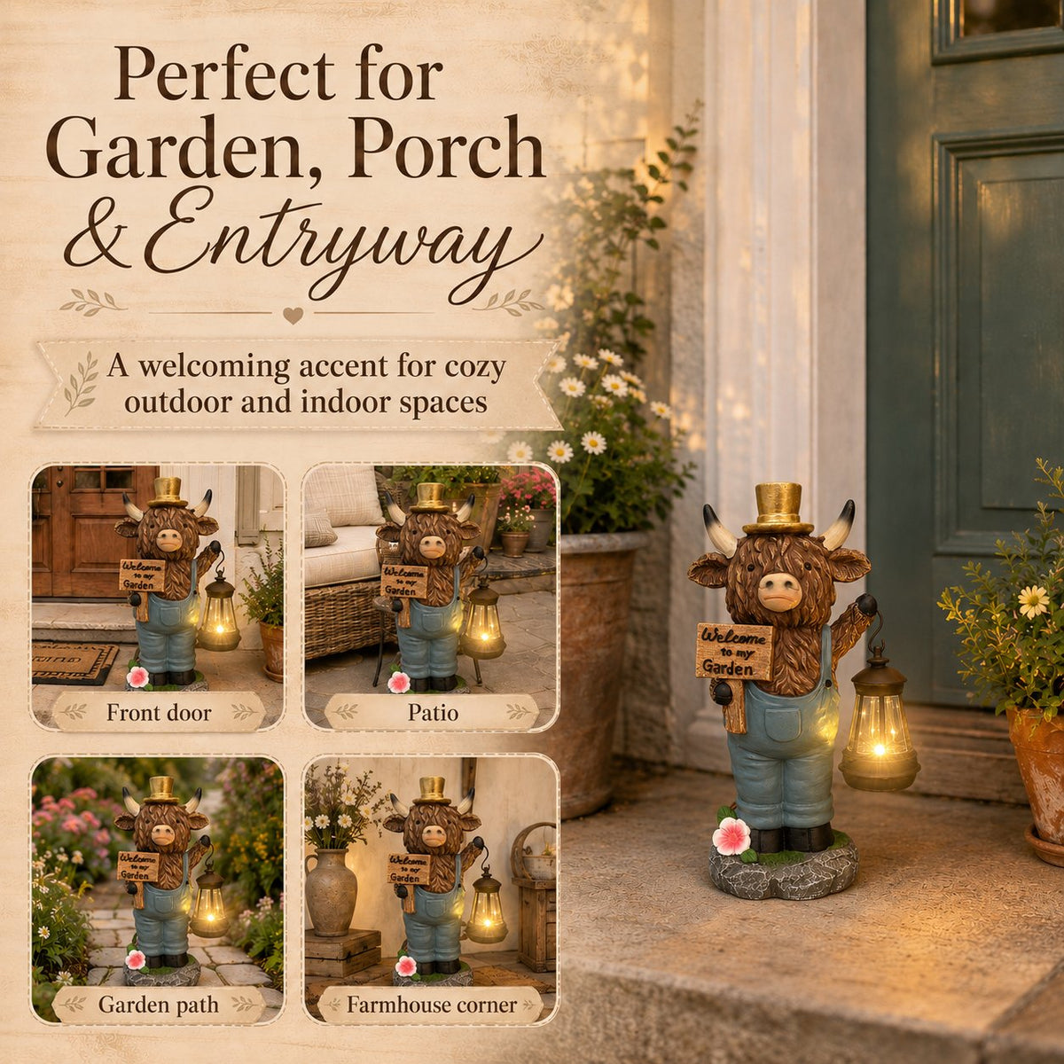 🐮🏮 Highland Cow Solar Garden Lantern Statue – Rustic Farmhouse Glow for Garden & Porch ✨