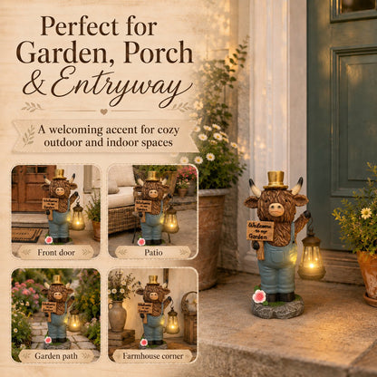 🐮🏮 Highland Cow Solar Garden Lantern Statue – Rustic Farmhouse Glow for Garden & Porch ✨