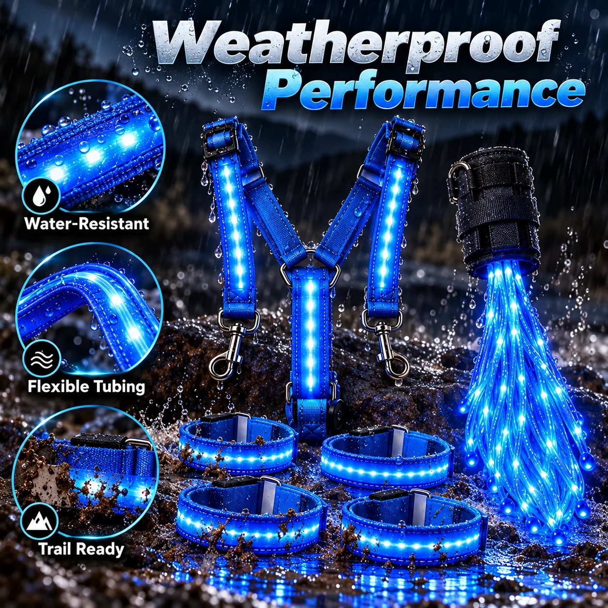 Water-resistant illuminated horse glow kit in wet and muddy conditions