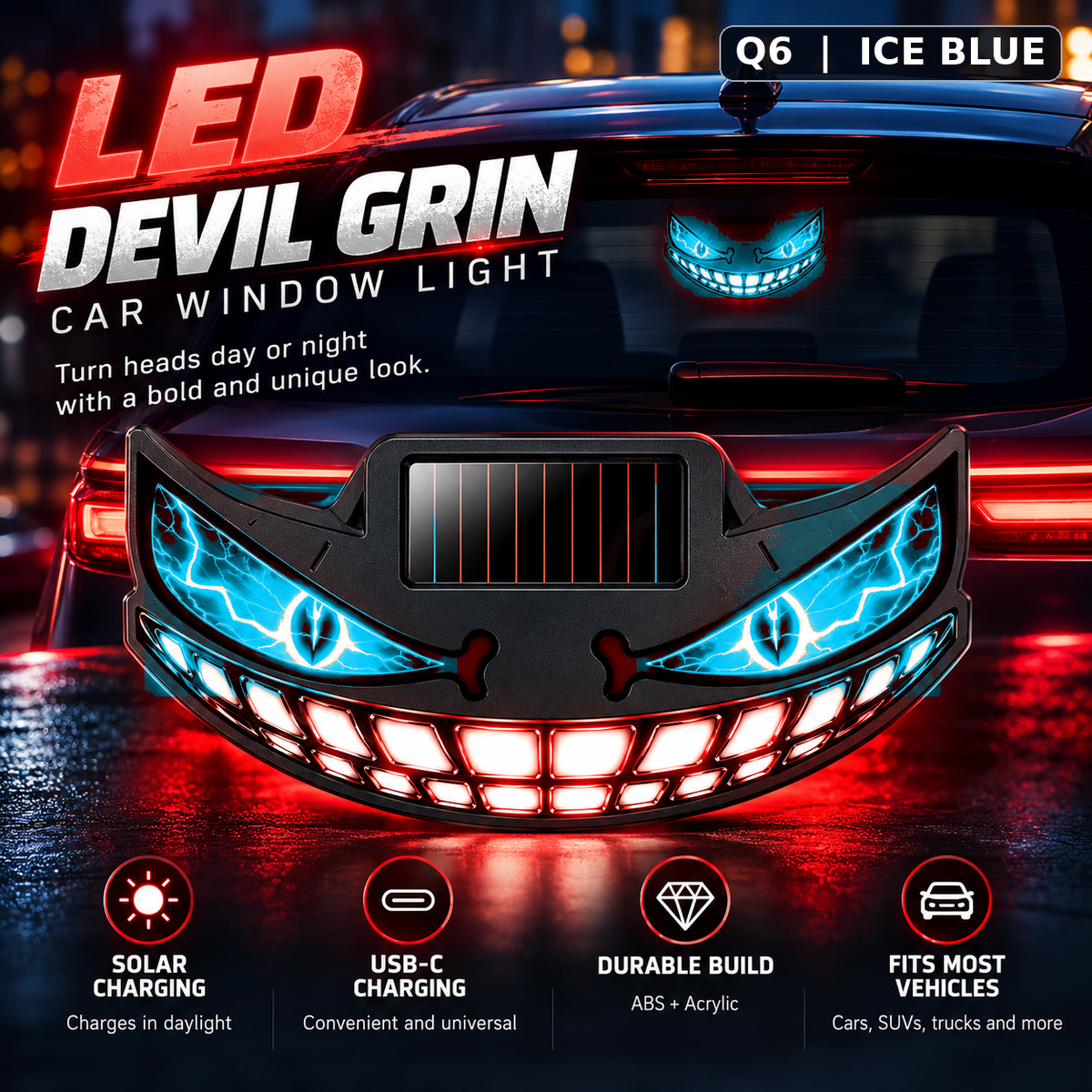 😈🚗 Devil Grin LED Car Window Light – Solar + USB-C Rechargeable Window Glow
