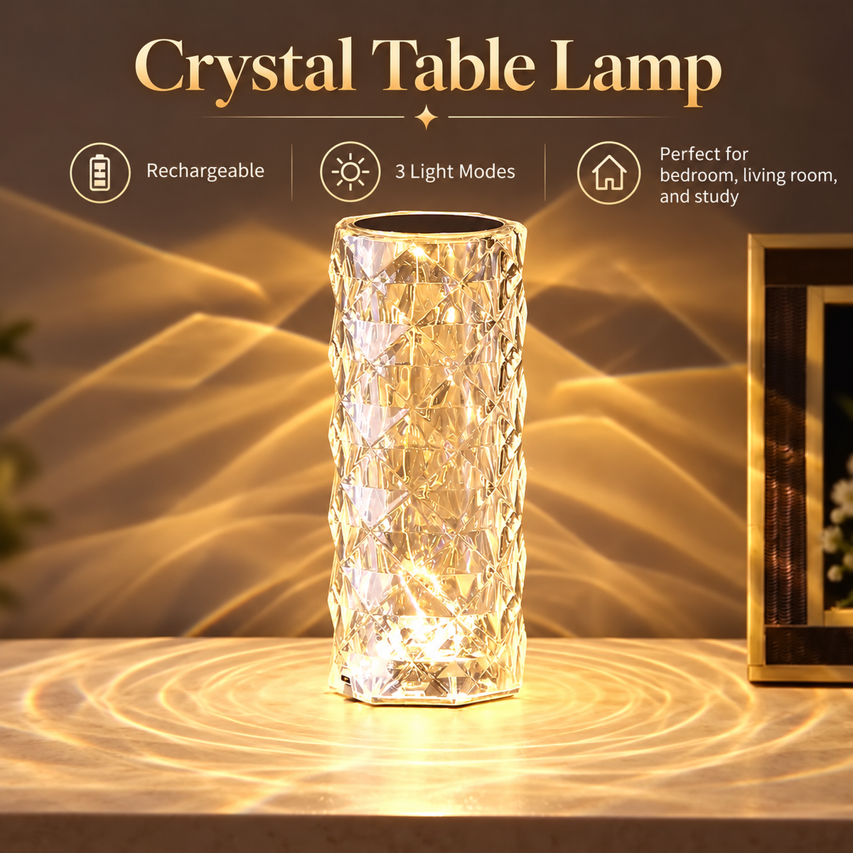 ✨ Crystal Glow Touch Table Lamp – Rechargeable Diamond-Cut Ambient Light | 3 & 16 Color Options