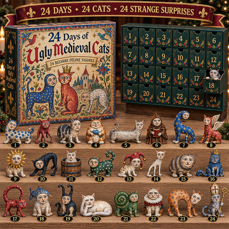 24 Days of Ugly Medieval Cats advent calendar with 24 miniature cat figures