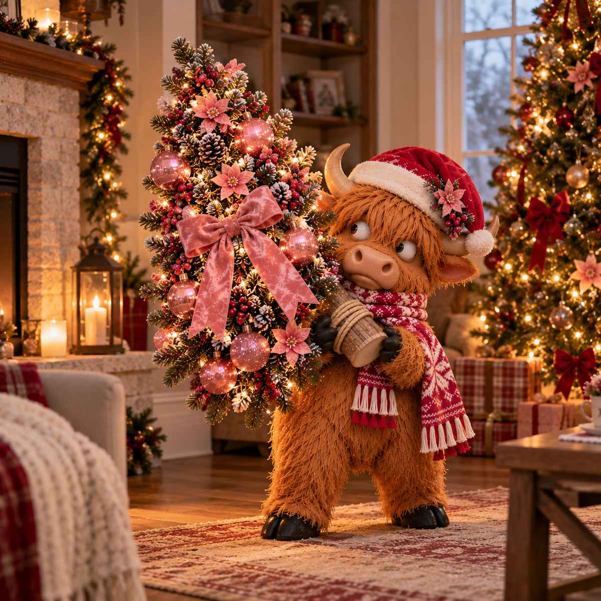 Pinkmas Tree Bandit in a festive Christmas living room