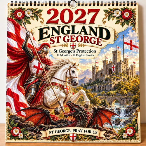 ⏳ Last Day 49% OFF – 🛡️ 2027 England St. George Wall Calendar | 12 Illustrated Monthly Scenes with Faith, Courage & Heritage 🇬🇧