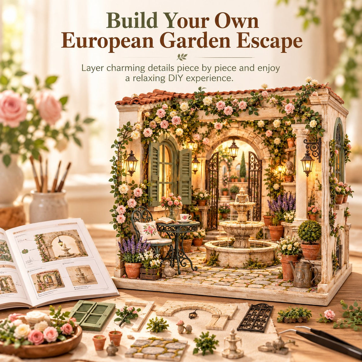 ✨ Build Your Own Secret European Garden 🌸 DIY Miniature Courtyard Kit with Warm Glow Lights