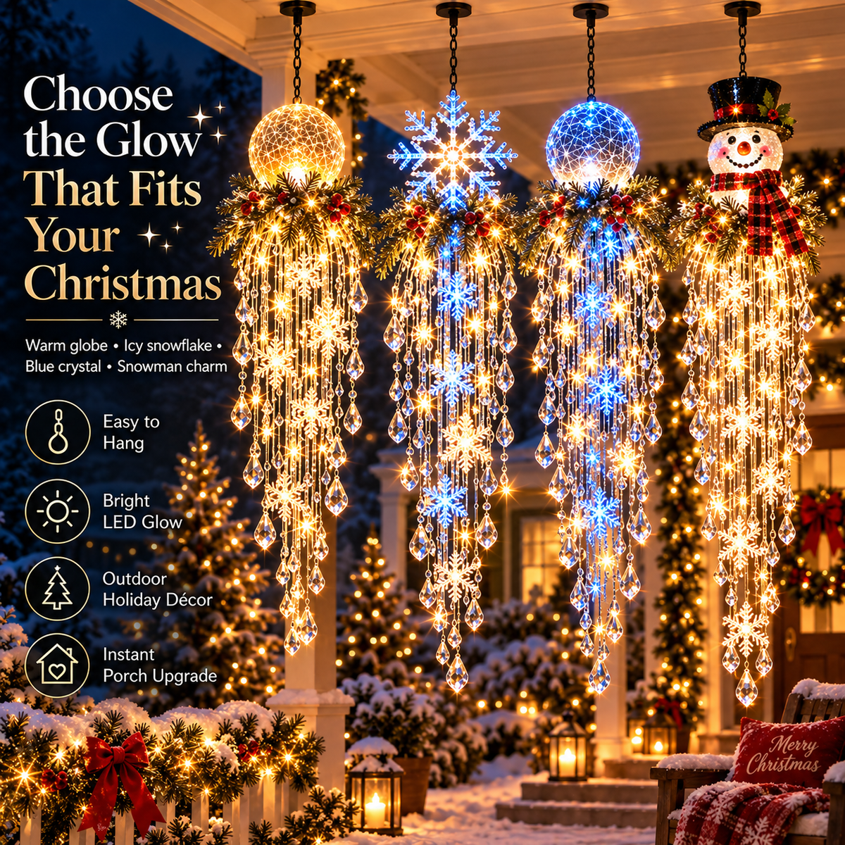 Crystal Cascade Christmas Hanging Light – Snowflake Crystal LED Porch Decor ✨❄️