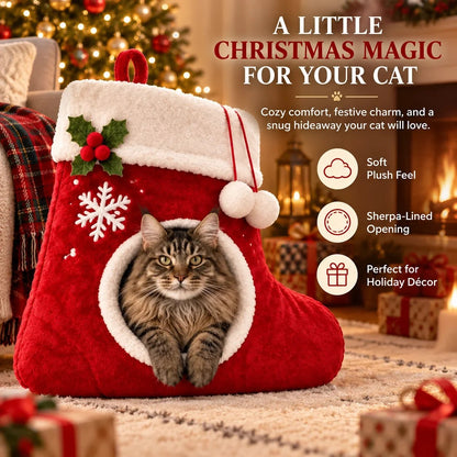 🎉🎄Christmas Stocking Cat Bed – Ultra-Soft Sherpa Cozy Hideaway for Cats 🐱