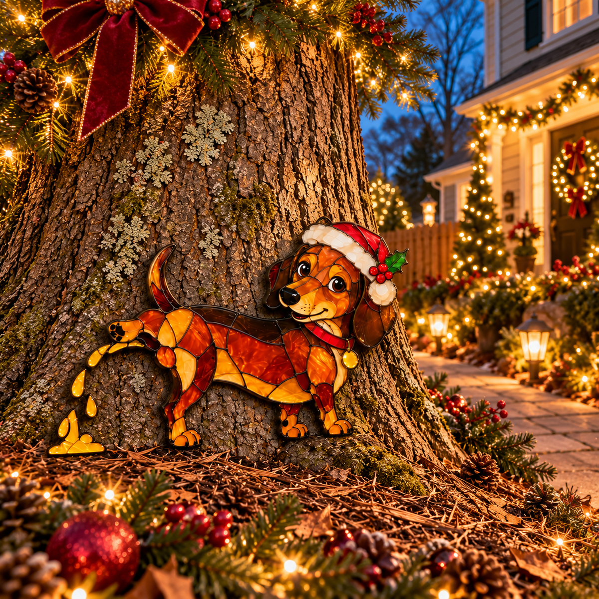 🐕🎄 Funny Peeing Dachshund Christmas Decoration – Cheeky Stained-Glass-Style Holiday Decor
