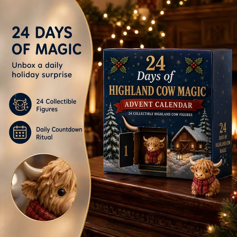 🐮 24-Day Highland Cow Advent Calendar – Festive Mini Figurine Collectible Set for Christmas Countdown