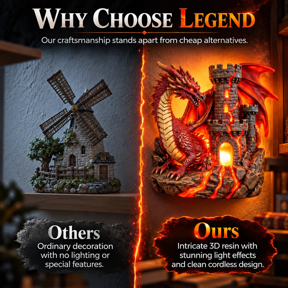🏰 Mythical Accent Special 60% OFF 💥 Western Dragon and Castle Wall-Mounted LED Night Light Fantasy Lava Resin Ornament