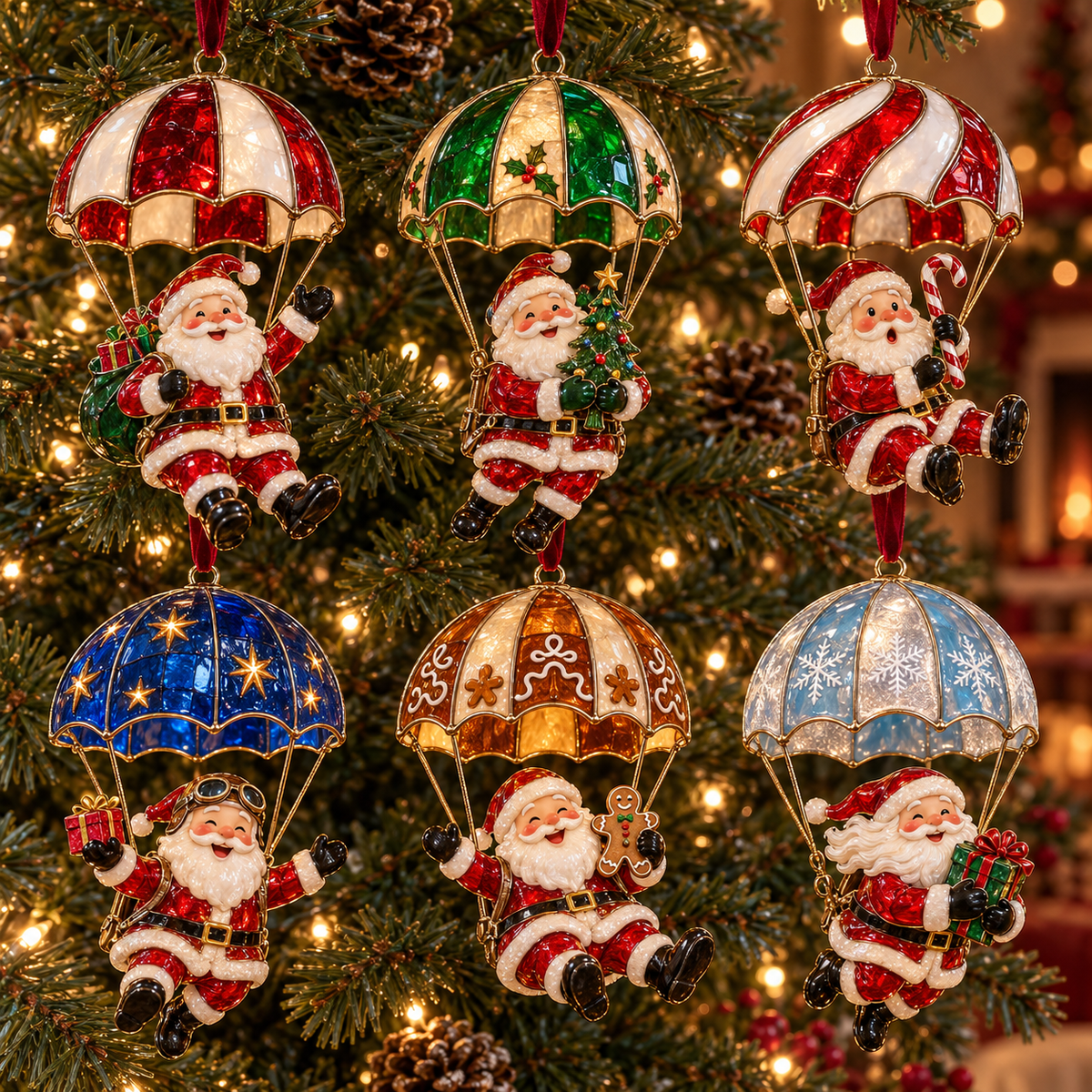 Parachuting Santa Christmas Ornaments – 6 Whimsical Holiday Designs