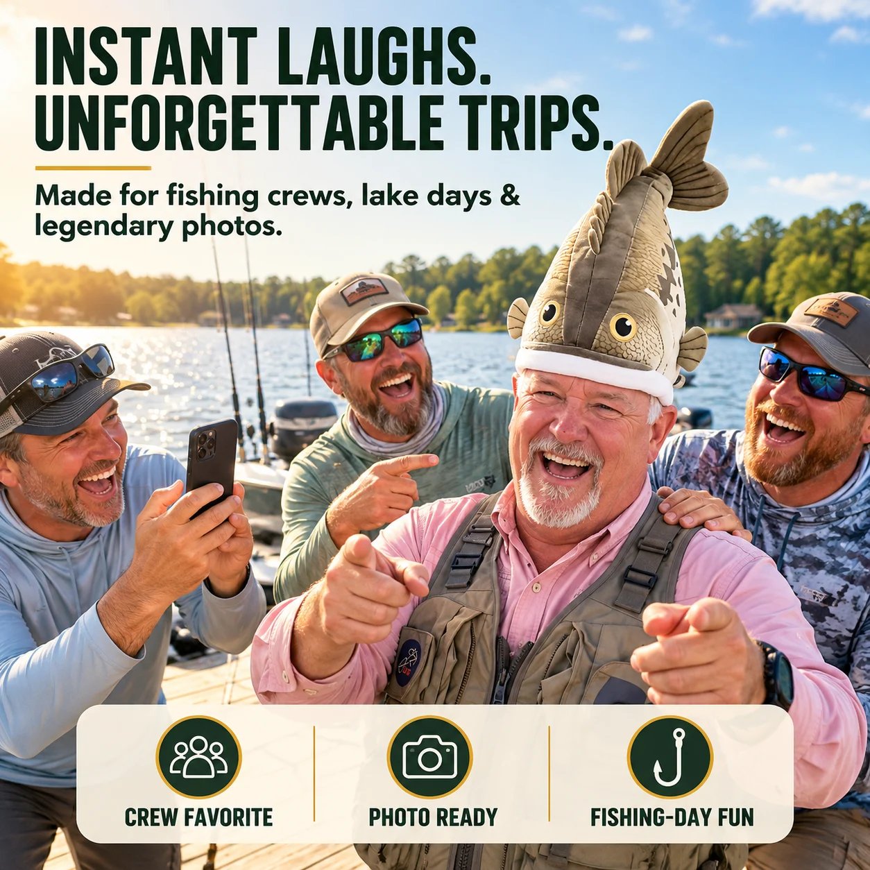 Older angler wearing a 3D fish hat while friends laugh and take pictures during a fishing trip