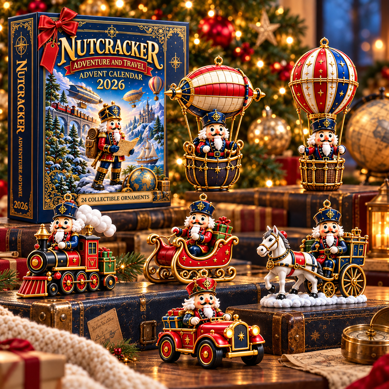 Nutcracker characters traveling by hot air balloon, train and sleigh