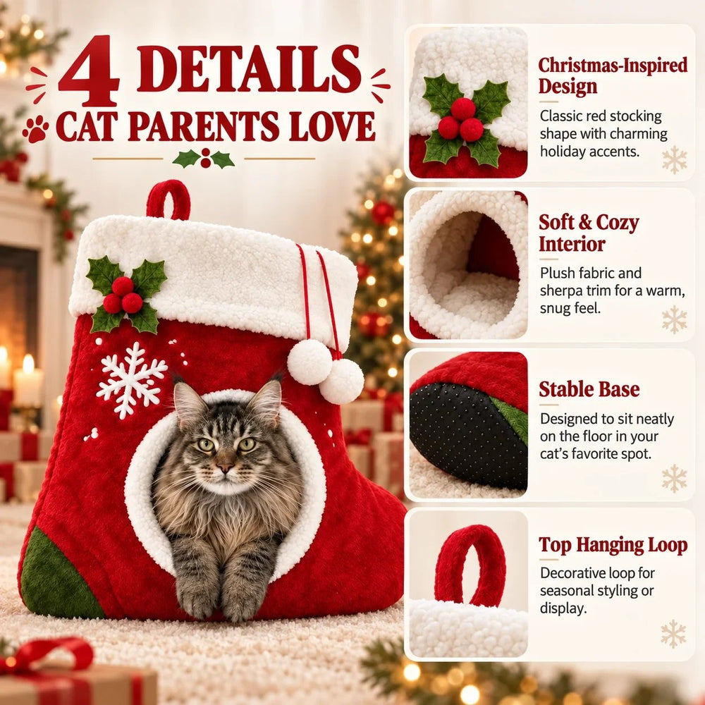 Christmas stocking cat bed showing the plush interior, decorative hanging loop and floor base details