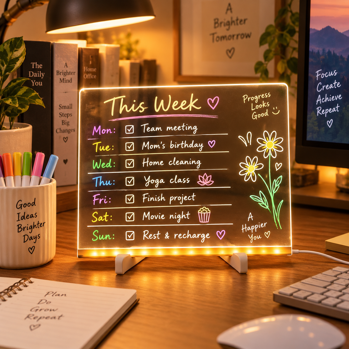 🎨 Reusable Acrylic LED Writing & Drawing Board – 7 Color Pens Included