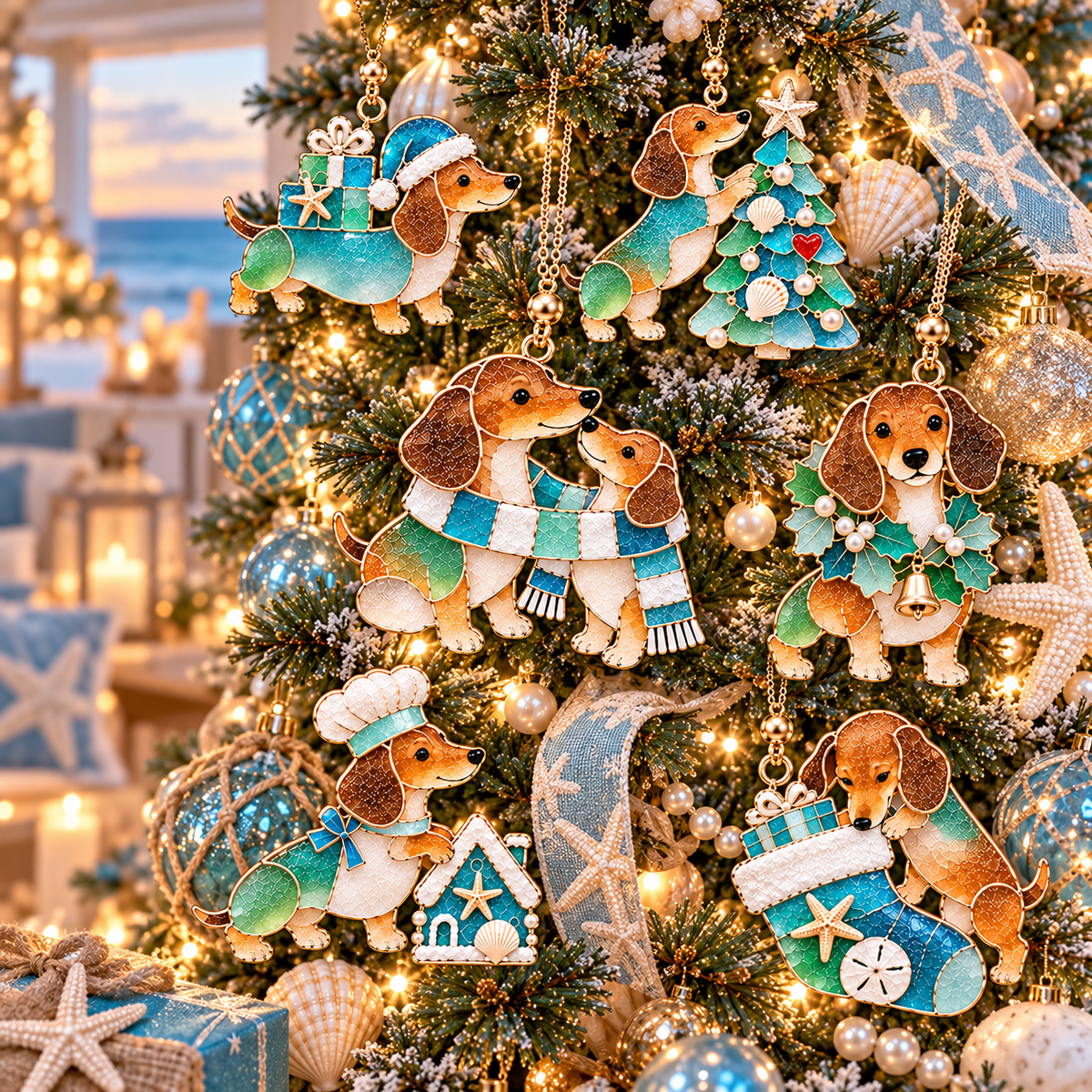 Coastal Christmas Dachshund Ornament Set – 6-Piece Stained Glass-Inspired Sea Glass Dog Christmas Tree Decorations, Gift for Dachshund Lovers