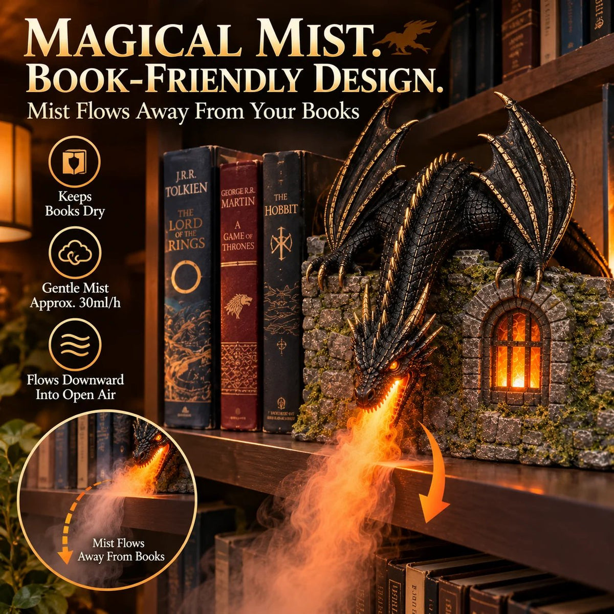 🐉 MistWyrm Dragon Diffuser – Glowing Dragon Mist for Fantasy Bookshelf Decor