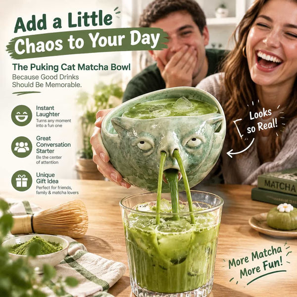 Funny Puking Cat Matcha Bowl making people laugh around a table
