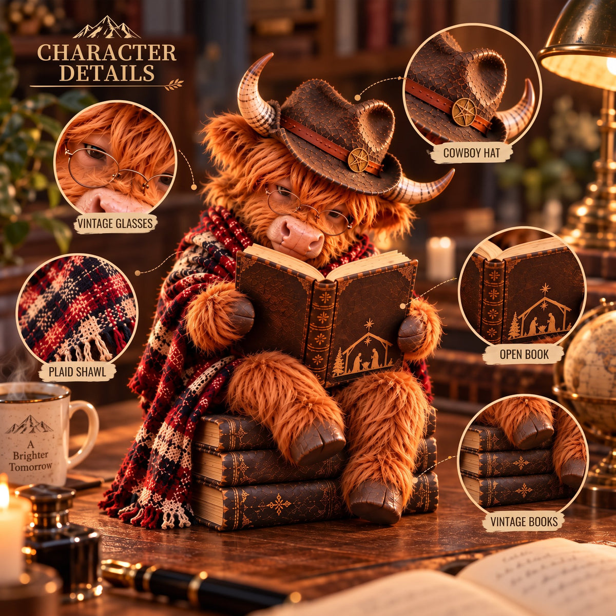 Enchanted Highland Cow Reader Sculpture, Winter Tabletop Book Nook Decor