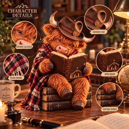Enchanted Highland Cow Reader Sculpture, Winter Tabletop Book Nook Decor