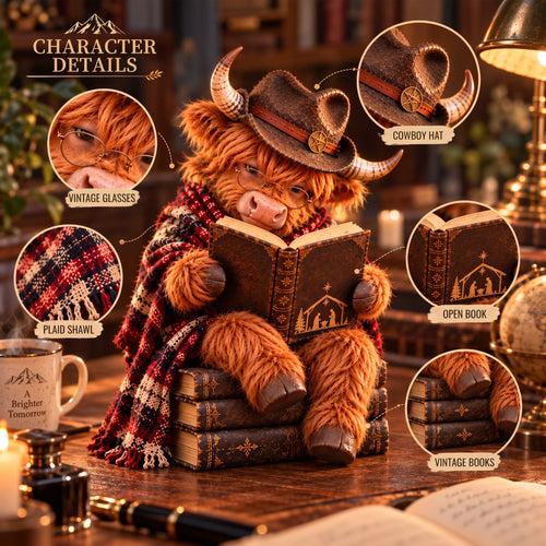 Enchanted Highland Cow Reader Sculpture, Winter Tabletop Book Nook Decor