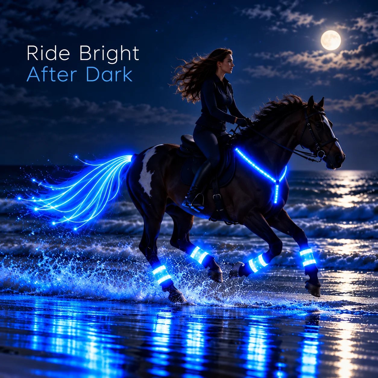 Horse wearing illuminated LED night glow harness leg bands and tail wrap
