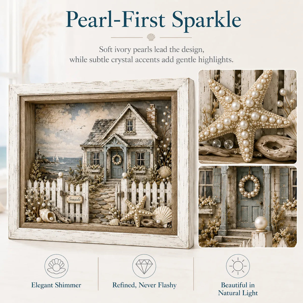 Pearl and crystal details on seaside cottage shadow box