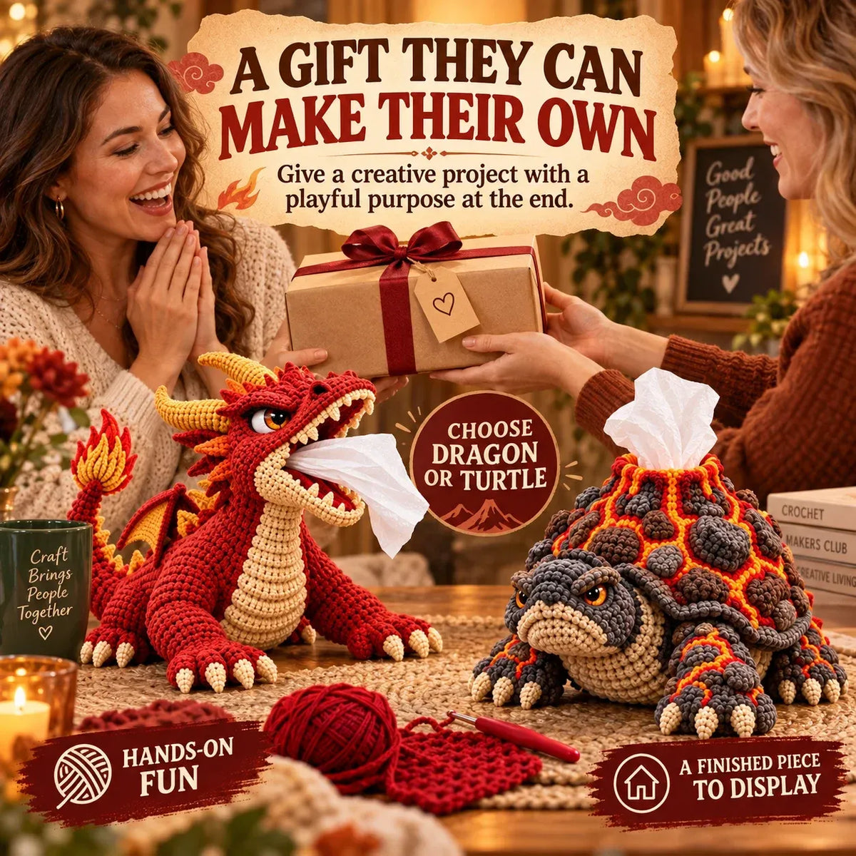 🐉 Fantasy Crochet Tissue Box Cover DIY Kit – Fire-Breathing Dragon or Lava Turtle 🧶