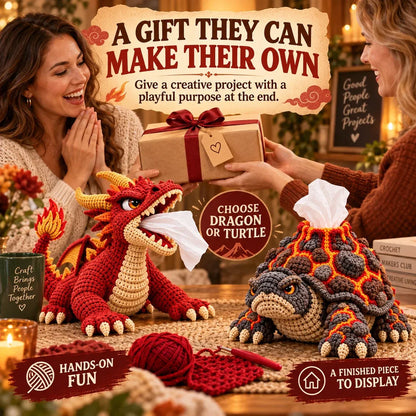 🐉 Fantasy Crochet Tissue Box Cover DIY Kit – Fire-Breathing Dragon or Lava Turtle 🧶