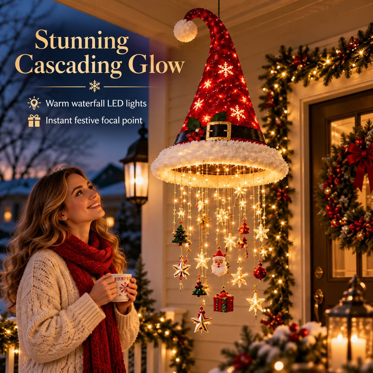 🎄 Hanging Santa Hat LED Tree Lights – Cascading Christmas Glow for Festive Holiday Decor 🎅