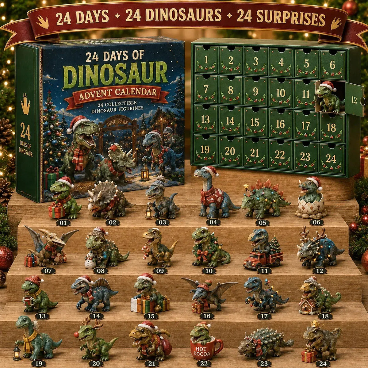 🦖🎄 24 Days of Dinosaur Christmas Advent Calendar – 24 Collectible Dino Surprises 🎁