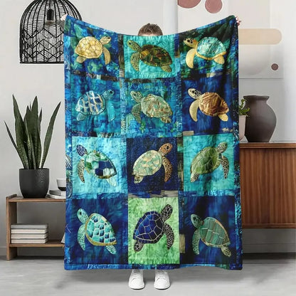Sea Turtle Throw Blanket, Ocean Mosaic Patchwork Soft Cover