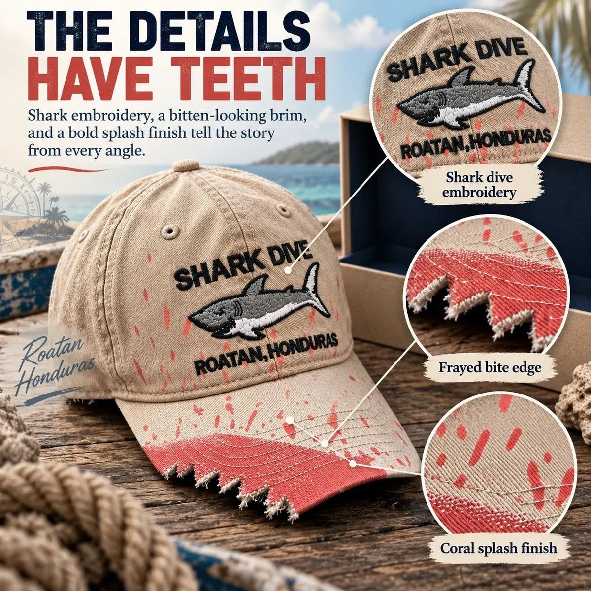 🎉🦈 Shark Bite Baseball Cap | Embroidered Shark • Bite-Shaped Frayed Brim