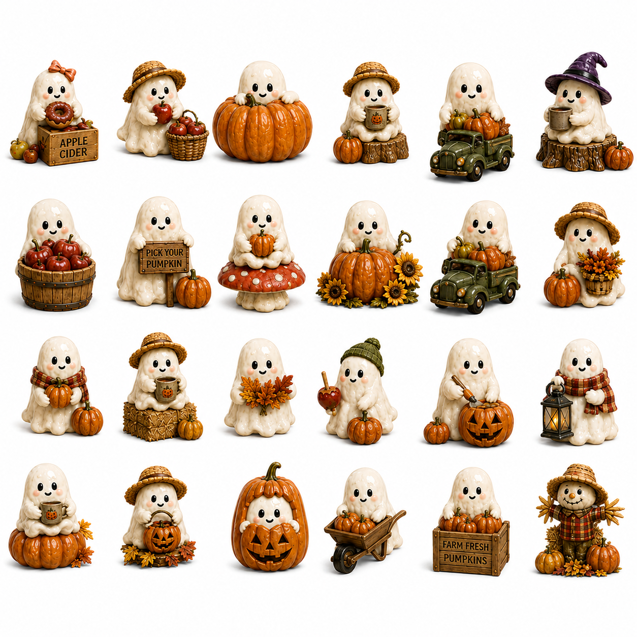 All 24 Ghost in the Pumpkin Patch miniature characters displayed together