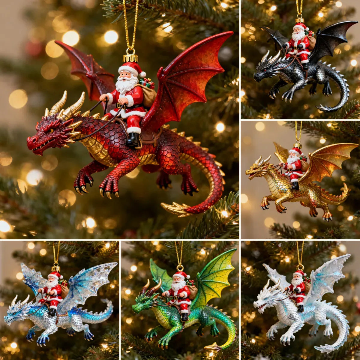 🎅🐉 Santa Dragon Rider Acrylic Ornaments – 6 Fantasy Christmas Designs