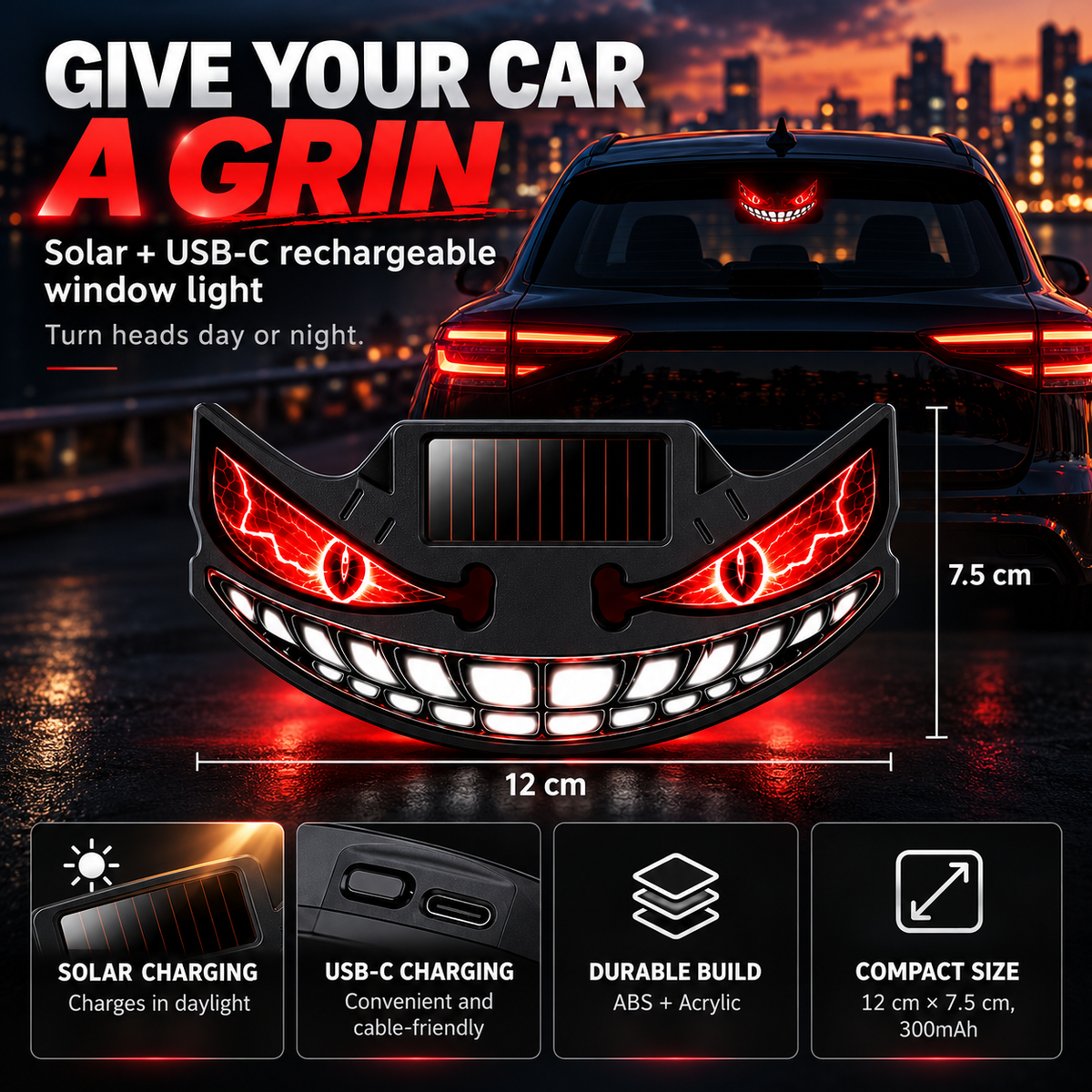 😈🚗 Devil Grin LED Car Window Light – Solar + USB-C Rechargeable Window Glow