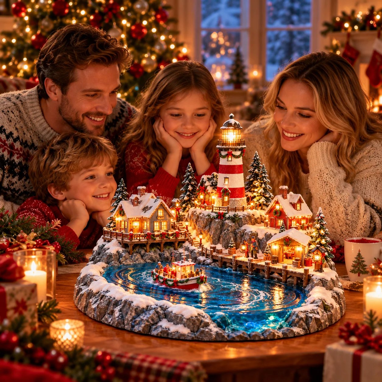 Family admiring illuminated Coastal Christmas Harbor display during the holidays