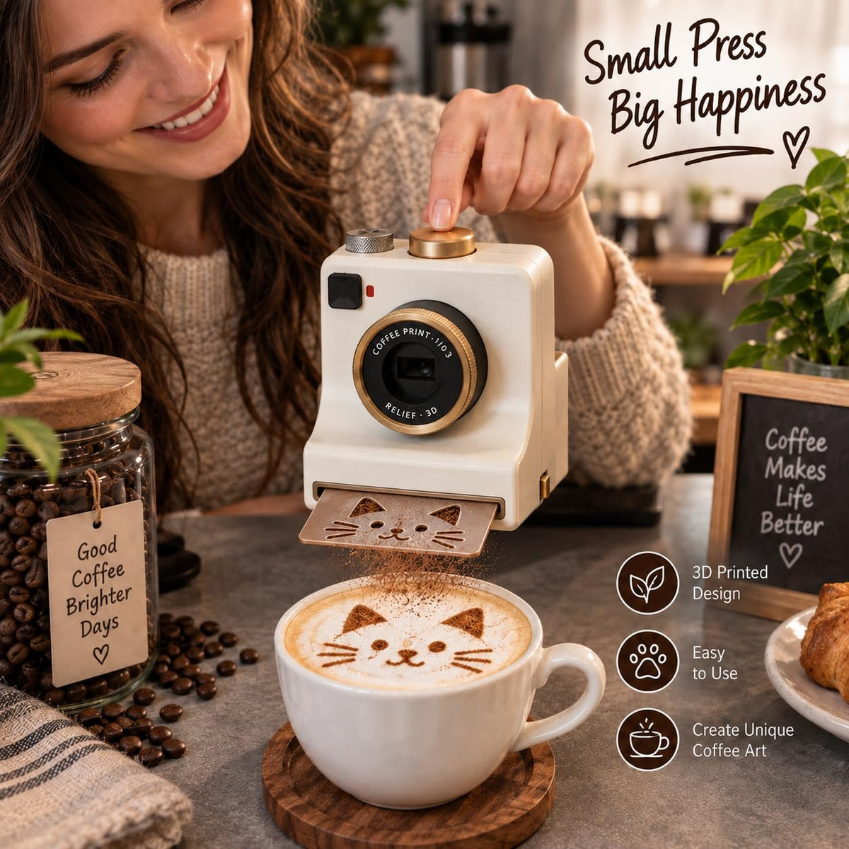 3D Printed Latte Art Camera + 4 Stencil Set