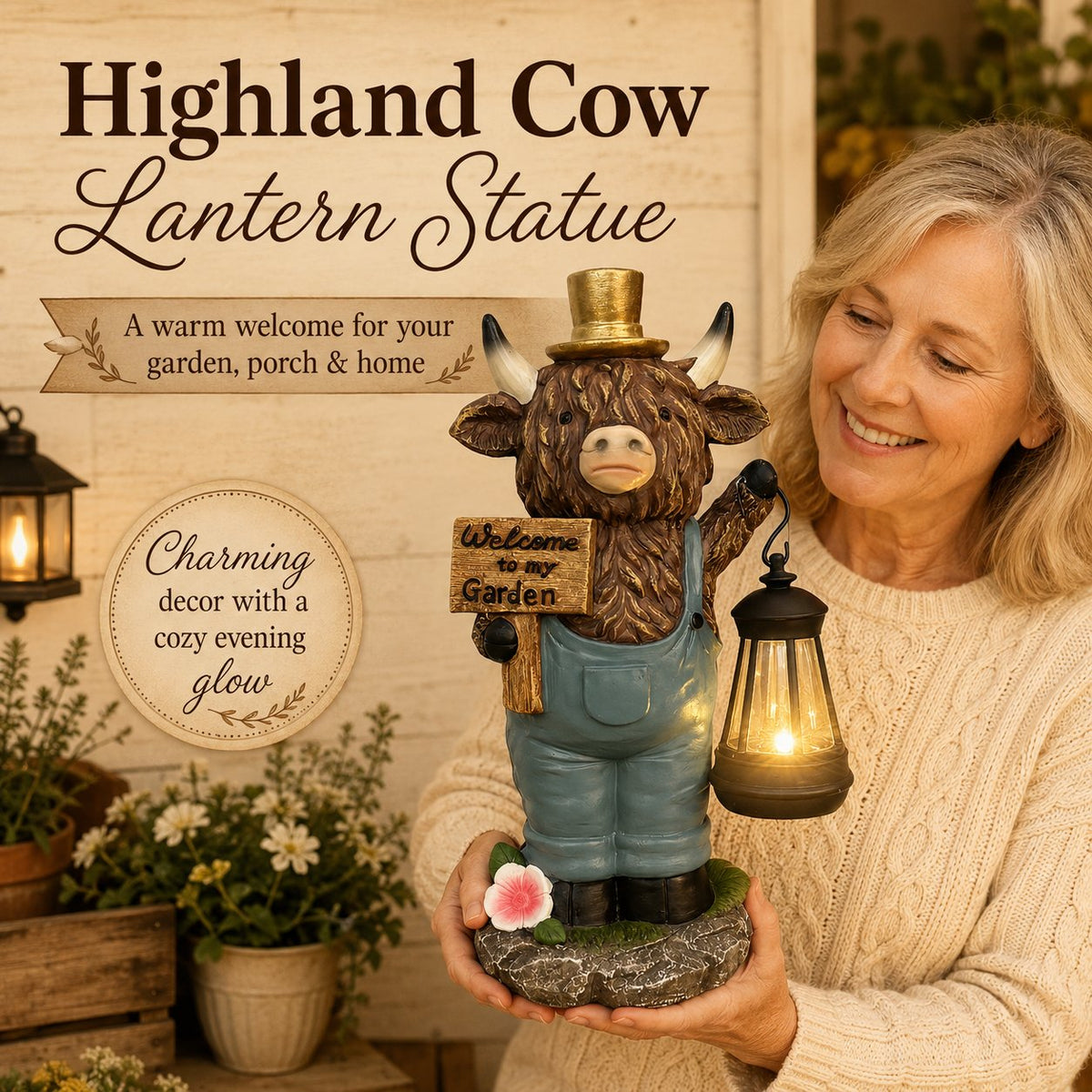 🐮🏮 Highland Cow Solar Garden Lantern Statue – Rustic Farmhouse Glow for Garden & Porch ✨