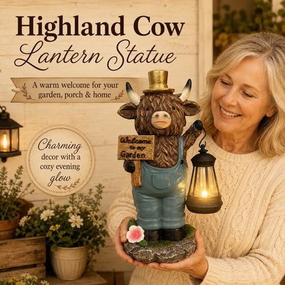 🐮🏮 Highland Cow Solar Garden Lantern Statue – Rustic Farmhouse Glow for Garden & Porch ✨