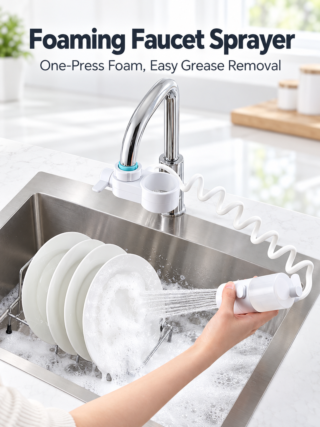 Foaming kitchen faucet attachment washing greasy dishes