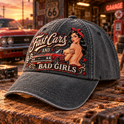 🏁🔥 Fast Cars And Bad Girls Retro Muscle Car Pin-Up Baseball Cap