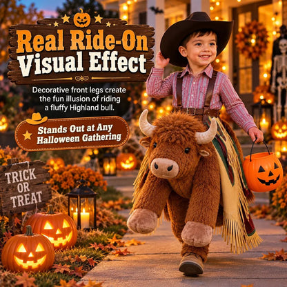 Plush Bull Rider Ride‑On Kids Costume, Adjustable Harness Toddler Halloween Outfit